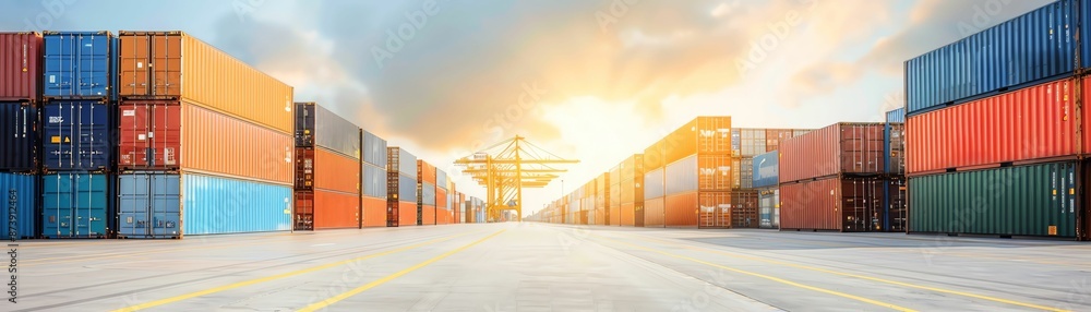 Poster rows of colorful shipping containers in a port.