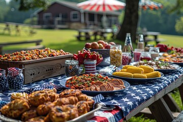 A picnic table is set with a patriotic spread, including hotdogs, hamburgers, and a variety of festive desserts