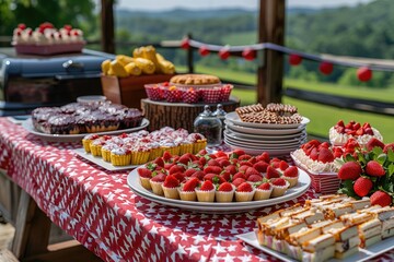 A picnic table is set with a patriotic spread, including hotdogs, hamburgers, and a variety of festive desserts