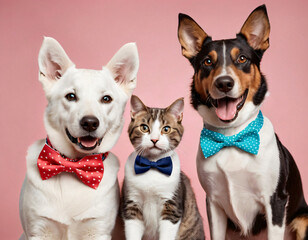 joyful studio image of a dog and cat dressed in matching accessories