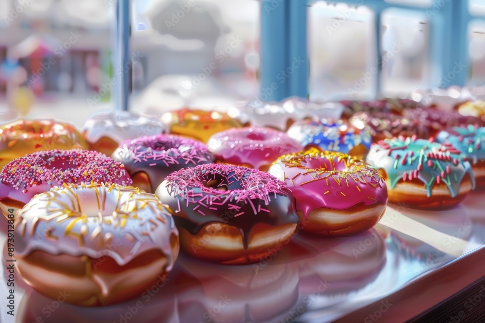 Poster delicious array of glazed donuts adorned with various colorful sprinkles in a bakery display