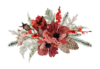 Poppy anemone flower, spruce fir tree branches cones, berries. Watercolor hand drawn illustration, composition isolated on white. Xmas, happy new year festive, noel navidad holiday. For cards, gifts.
