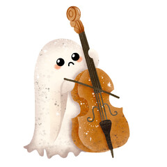 Watercolor Hand drawn illustration Rustic watercolor cute ghost playing a cello isolated spooky halloween cartoon character element © blumensdiary