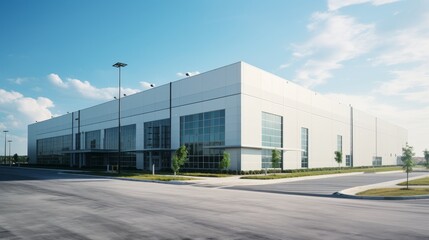 logistics center, headquarters or large office building under a blue sky