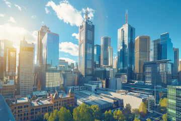 Obraz premium Skyline of Urban Financial District Under Blue Skies