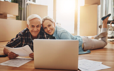 Portrait, new home and old couple with laptop, documents for renovation and planning with research....