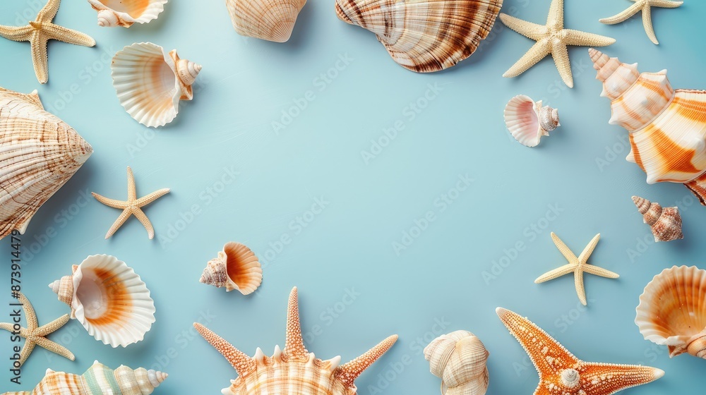 Poster sea shell frame on light blue background flat lay with text space