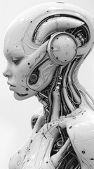 Serene cybernetic female head reveals complex mechanics. Generative AI