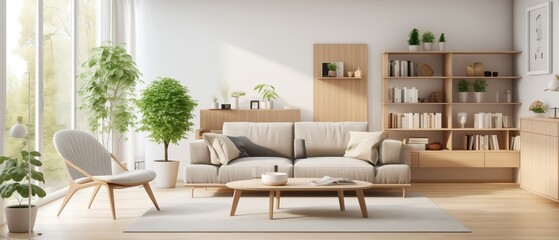 Modern scandinavian living room with design furniture and big glasses