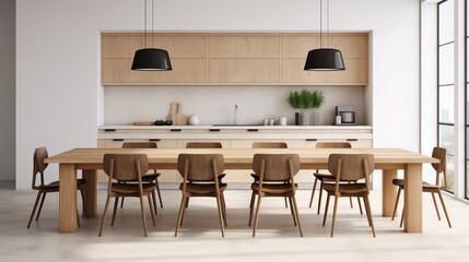 Fototapeta premium large kitchen room with modern interior design with wood table and chairs