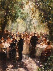 A gathering of esteemed men and women celebrating triumph, bidding farewell to the afterlife, soft brush strokes, pastel colors