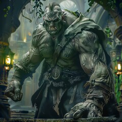 Fototapeta premium a huge, muscular, brutish man with a beastly appearance and mottled green skin, He wears a tattered cloak of gray fabric with runes