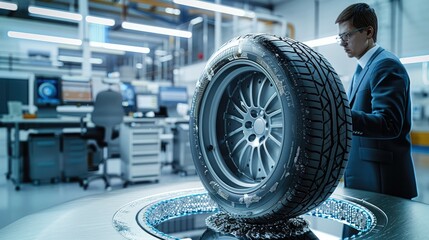 Engineer baking a tyre that looks like a pastry, CEO wearing business suit viewing, design laboratory setting, computers with holographic. Generative AI.