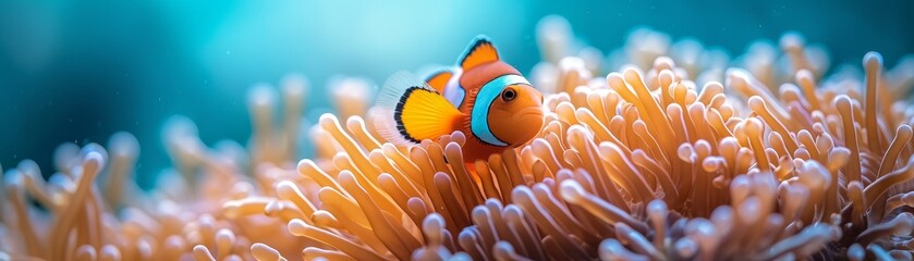 vibrant coral and a curious clownfish peeking out, sunlight filtering through the water above