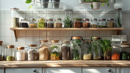 botanical kitchen decor, modern kitchen adorned with jars of matcha, spirulina, and chia seeds, highlighting their nutritional value in daily meals