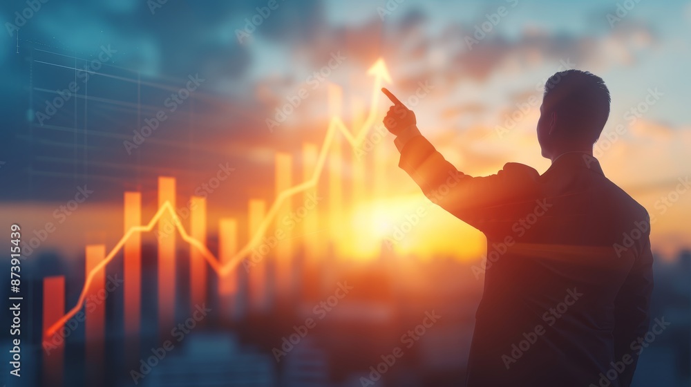 Poster silhouette of a businessman pointing at a rising stock chart graph with a cityscape background.