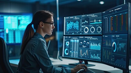 Female Business Analyst Examining Financial Data and Key Performance Indicators on Computer Dashboard