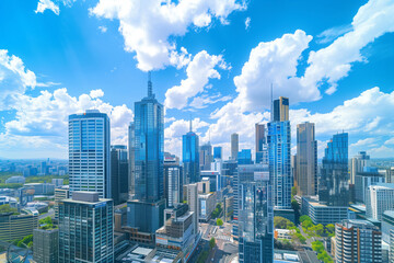 Obraz premium Skyline of Urban Financial District Under Blue Skies