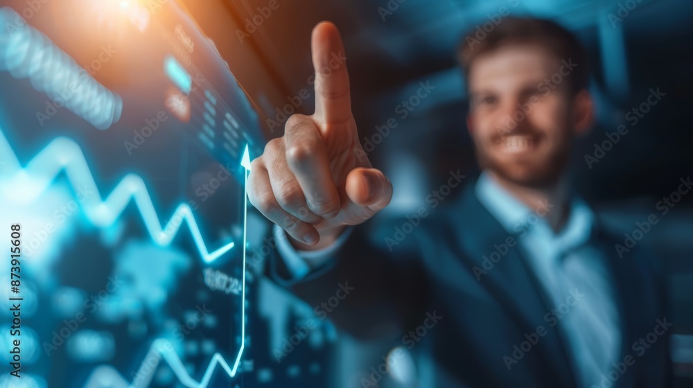 Poster a businessman in a suit uses his finger to interact with a digital interface showing stock market da