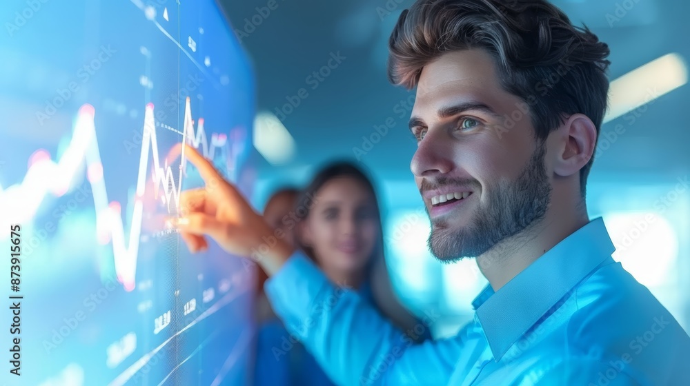Poster a businessman points to a graph on a digital screen, showcasing data analysis and modern technology 