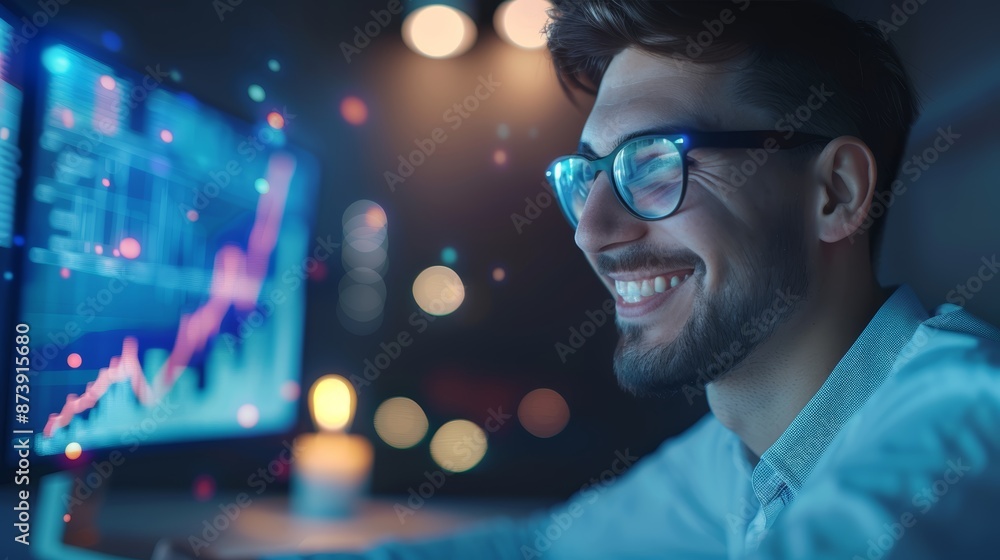 Poster a businessman smiles with satisfaction as he looks at a computer screen displaying financial data. h