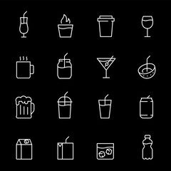 Drinks, white line icons. Cocktails, coffee, juice, beer, soda, and other beverages. culinary and lifestyle themes. Symbols on black background. Editable stroke.