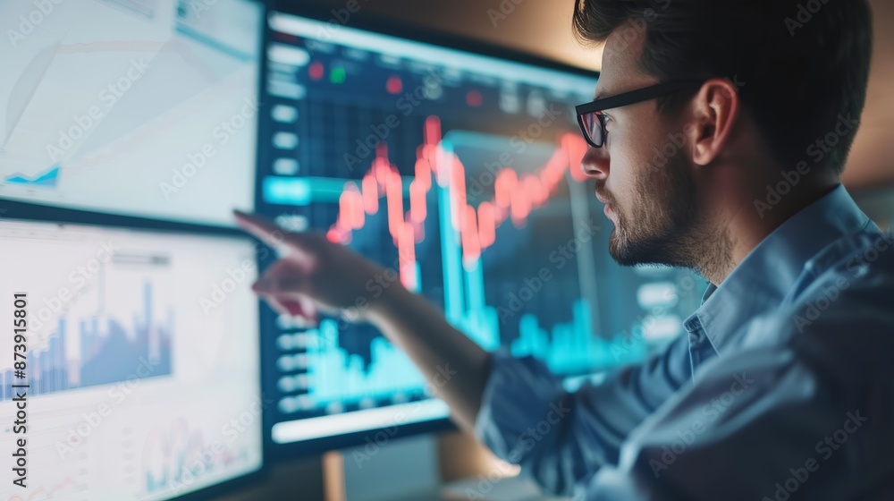 Poster a focused businessman analyzing financial data on multiple monitors. he points at a rising graph, sh