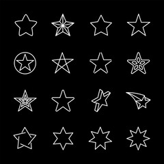 Stars, white line icons. Stars in various shapes and styles. decorative and celebratory themes. Symbols on black background. Editable stroke.