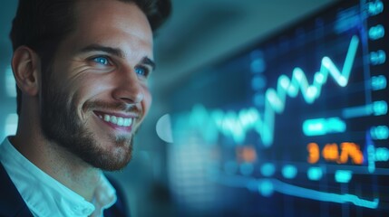 A successful businessman smiles confidently as he looks at a rising stock market graph.