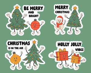 Christmas stickers with cute funny characters and Merry Christmas quotes and greetings. Christmas tree, decoration, gifts, snowman. Be merry and bright, Holly Jolly vibes, Christmas is in the air.