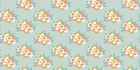 Floral design on Green background. Vector Flat seamless pattern with Flower bouquet. Cartoon Template illustration for Fabric print, Textile, Spring Wrapping Paper, Cover, Wallpaper.