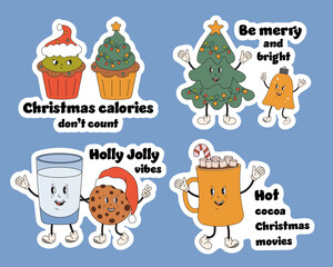 Merry Christmas quotes, cute retro groovy winter holiday characters sticker set. Christmas tree, cocoa mug. Be merry and bright, Holly Jolly vibes, Hot cocoa and movies, Christmas calories don't count