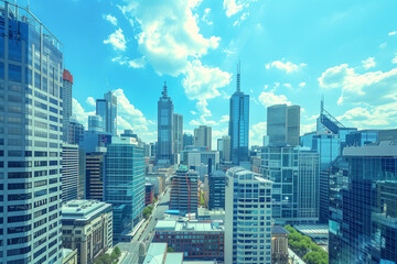 Obraz premium Skyline of Urban Financial District Under Blue Skies