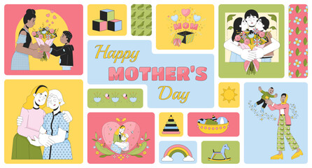Obraz premium Happy mother day bento grid illustration set. Good warm moment 2D vector image collage design graphics collection. Gratitude gift. Multinational mom kids and flowers flat characters moodboard layout