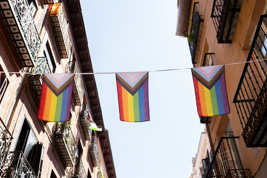 Gay pride flags on a string in the city of Madrid, Spain, LGTB