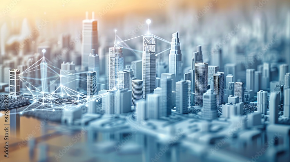 Poster Abstract Modern City Model Background with Wireless Network and Urban, Tech Connectivity Elements in a Futuristic Urban Environment. Generative AI.