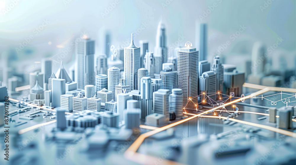 Fototapete Abstract Modern City Model Background with Wireless Network and Urban, Tech Connectivity Elements in a Futuristic Urban Environment. Generative AI.