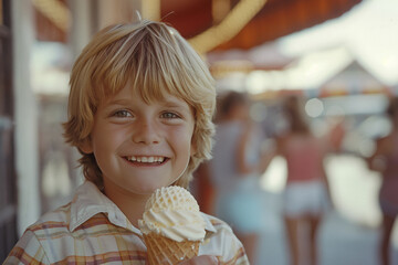 1970s-style photo of a smiling blond boy holding an ice cream cone