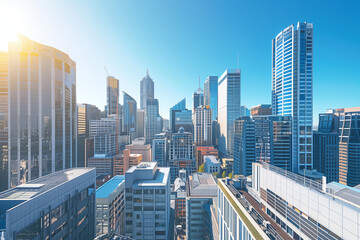 Obraz premium Skyline of Urban Financial District Under Blue Skies