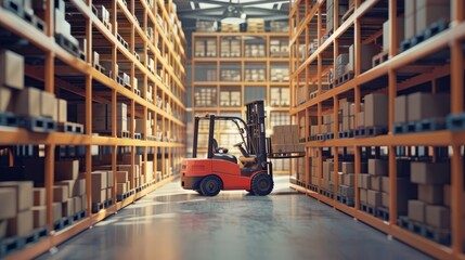 Logistics distribution center with forklift in retail warehouse - shelves filled with cardboard boxes and products for efficient inventory management, industrial storage facility, business operations,