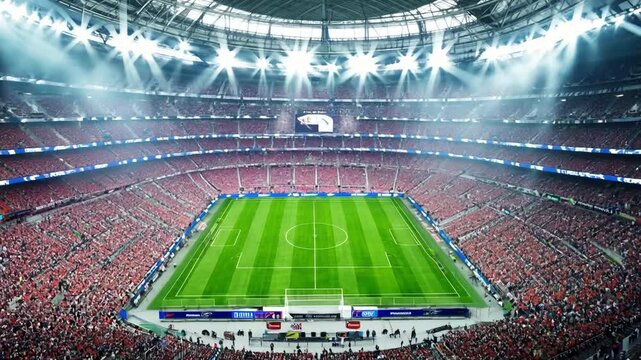 Football stadium with a crowded pitch and arena