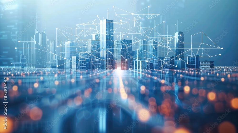 Leinwandbilder abstract modern city model background with wireless network and urban, tech connectivity elements in