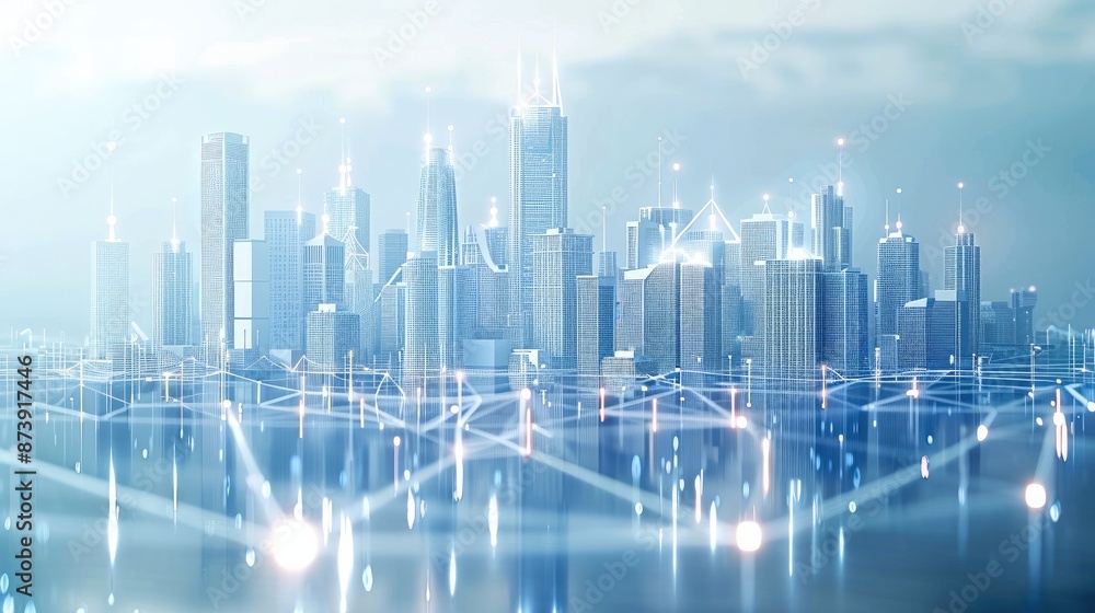 Poster abstract modern city model background with wireless network and urban, tech connectivity elements in