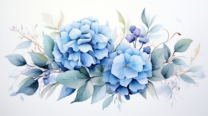 Delicate watercolor painting of blue hydrangeas and greenery.