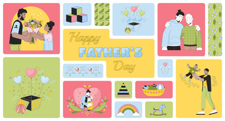 Happy father day bento grid illustration set. Fatherhood childhood 2D vector image collage design graphics collection. Third Sunday June. Diverse daughter dad son flat characters moodboard layout