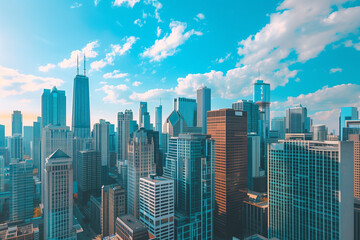 Fototapeta premium Drone View of City Office Buildings Beneath Blue Skies and White Clouds