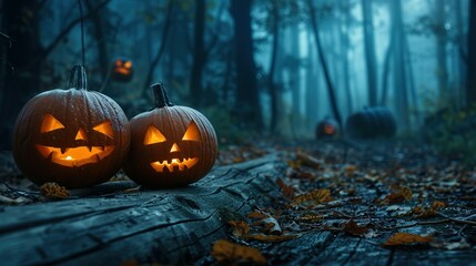 Spooky Halloween Pumpkins in a Misty Forest