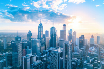 Drone View of City Office Buildings Beneath Blue Skies and White Clouds
