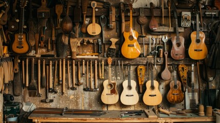 Naklejka premium Luthier tools hanging on wall, workshop of a master craftsman with guitar making equipment and precision instruments, concept of craftsmanship and musical instrument repair, close-up of string instrum
