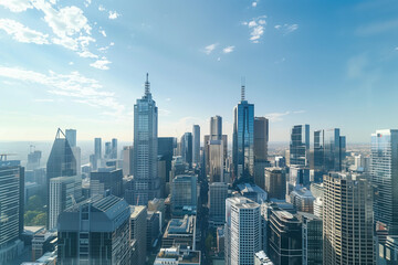 Fototapeta premium Drone View of City Office Buildings Beneath Blue Skies and White Clouds